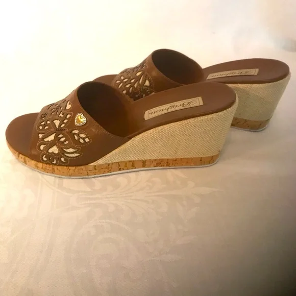 Brighton Moira Caramel Calf Leather with Natural Linen Wedge Sandals 7 1/2 Med - Picture 2 of 12